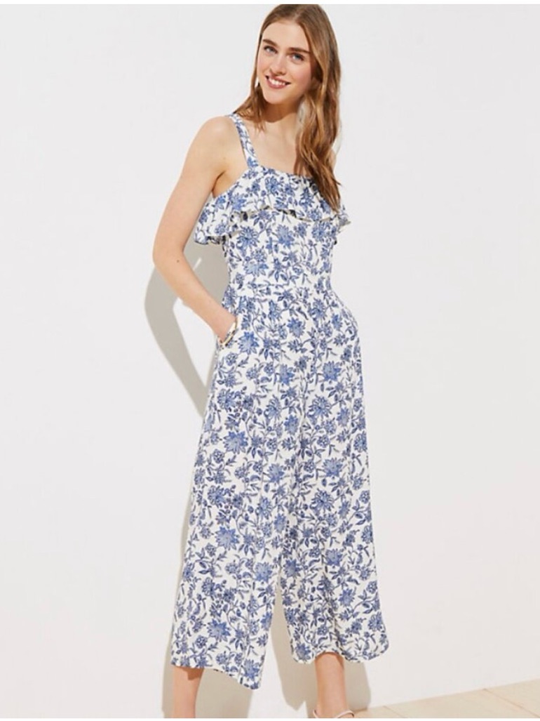 Loft Petite Trellis Garden Floral Ruffle Wide Leg Jumpsuit Blue White Size 00p